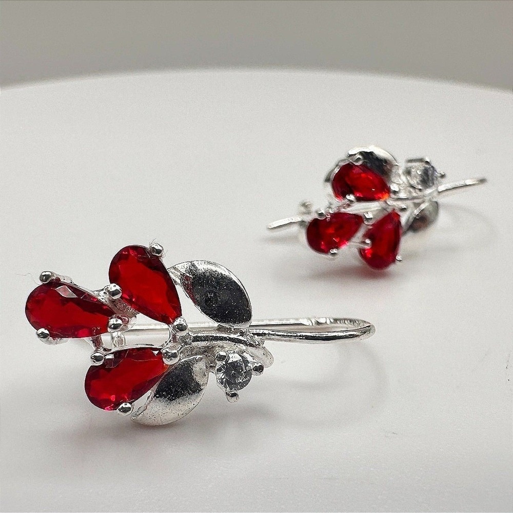 Vintage 90s Rhinestone Silver Tone Floral Drop Earrings Red Glass Dangle Jewelry